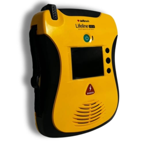 Defibtech Lifeline VIEW Halbautomat, schräge Vorderansicht mit linker Geräteseite
