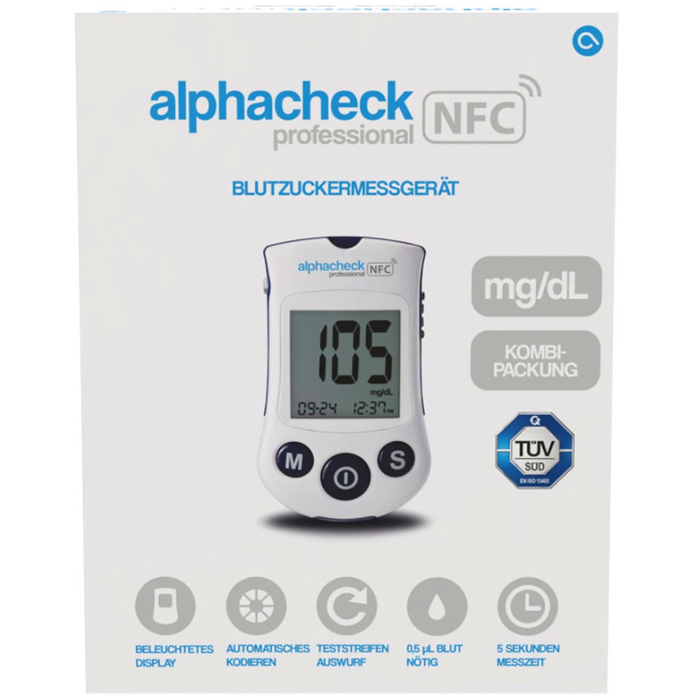 Alphacheck professional NFC Blutzuckermessgerät Set mg/dl