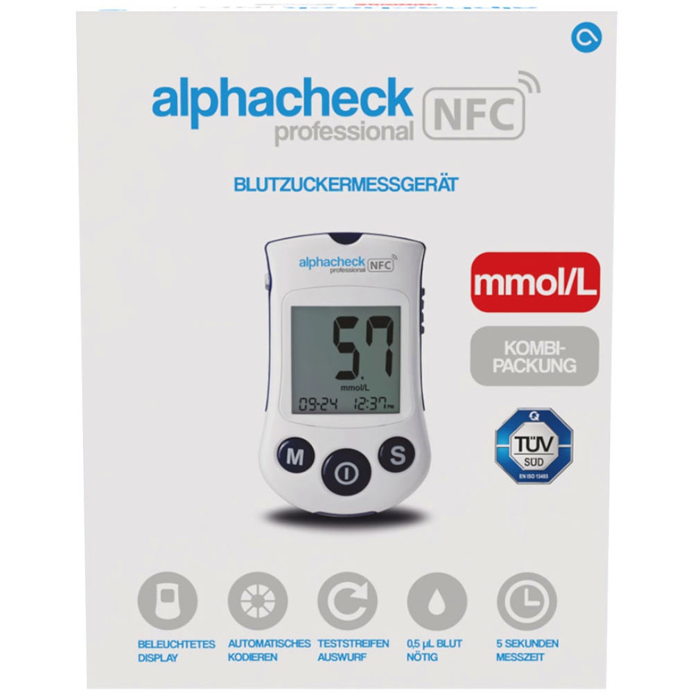 [ALP 01100040] Alphacheck professional NFC Blutzuckermessgerät Set mmol/l