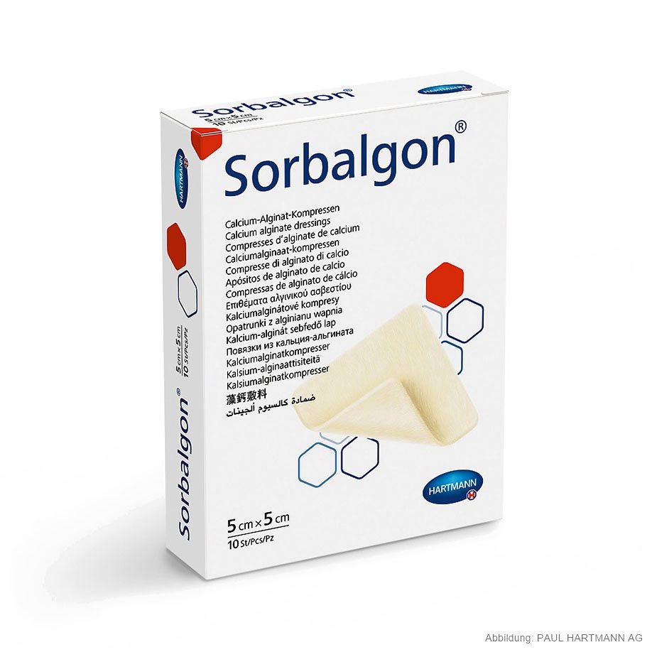 Sorbalgon Classic steril 5 x 5 cm Calcium-Alginat-Kompressen (10 Stck.)