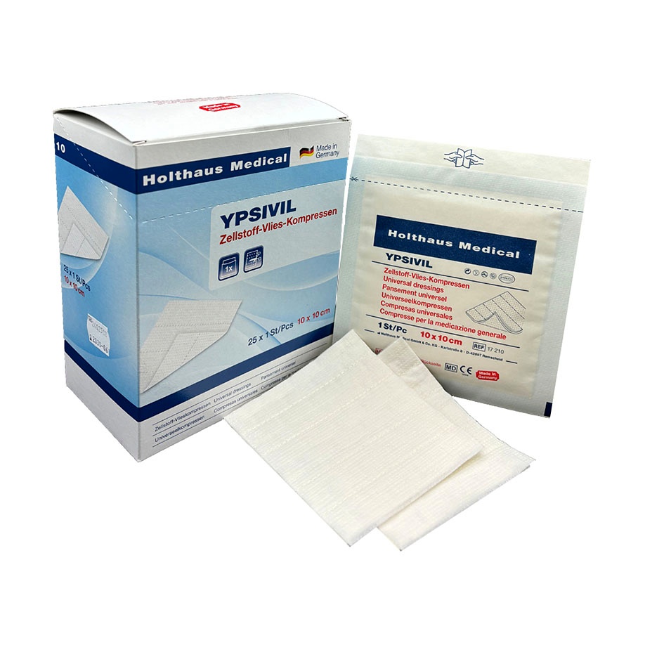 YPSIVIL Zellstoff-Vlieskompressen Steril, 10 x 10 cm (25 x 1 Stck.)