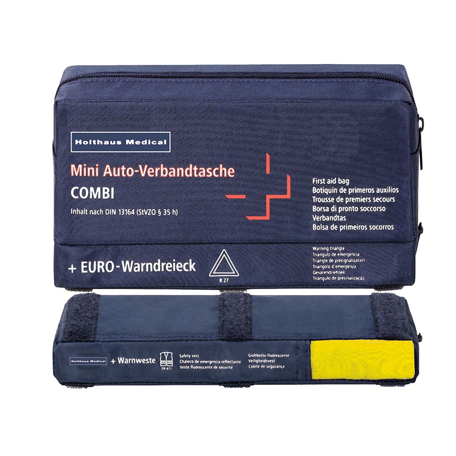 Mini 3in1 Verbandtasche blau Füllsortiment DIN 13164 + Warndreieck & Warnweste