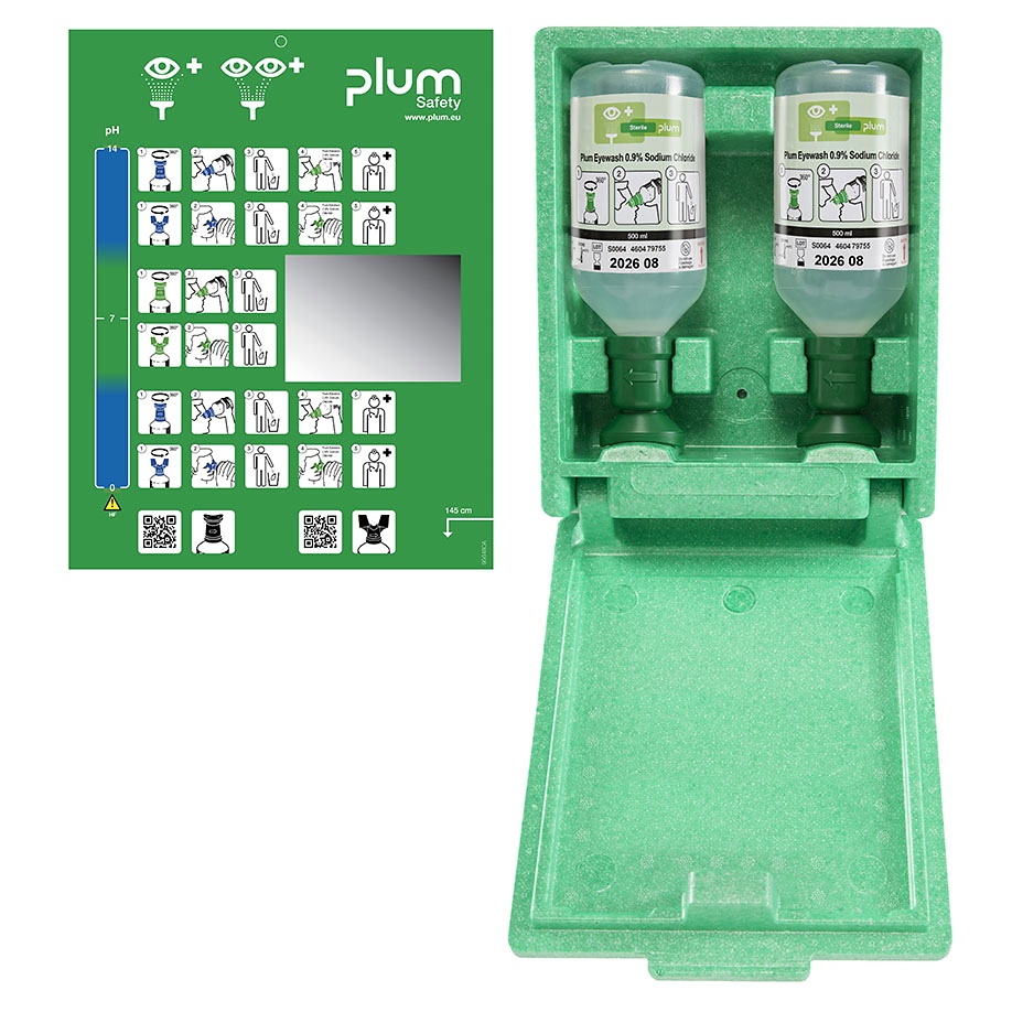 Plum Augenspülstation mit 2 Flaschen In Wandbox mit separater Piktogrammtafel