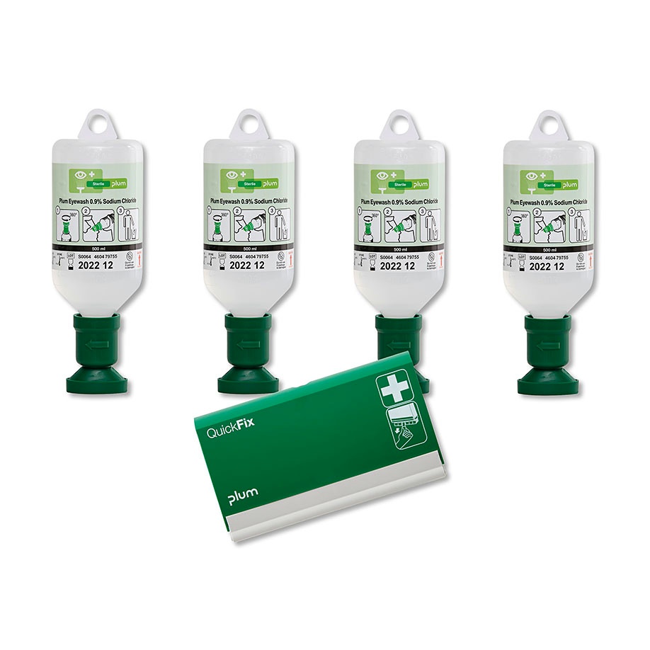 Plum Augenspüllösung 4 x 500ml (4604) u. 1 x QuickFix Pflasterspender leer (5500)