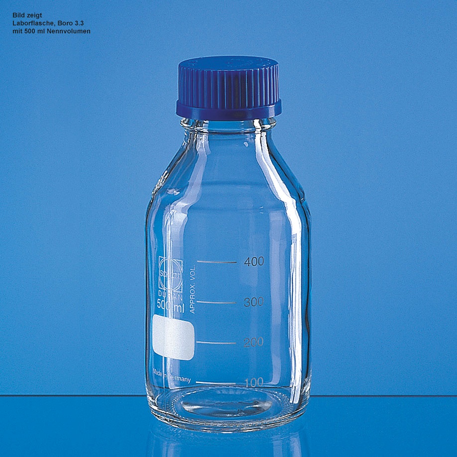Laborflasche, Boro 3.3, 250 ml Mit Teilung, GL 45, mit Schraubkappe