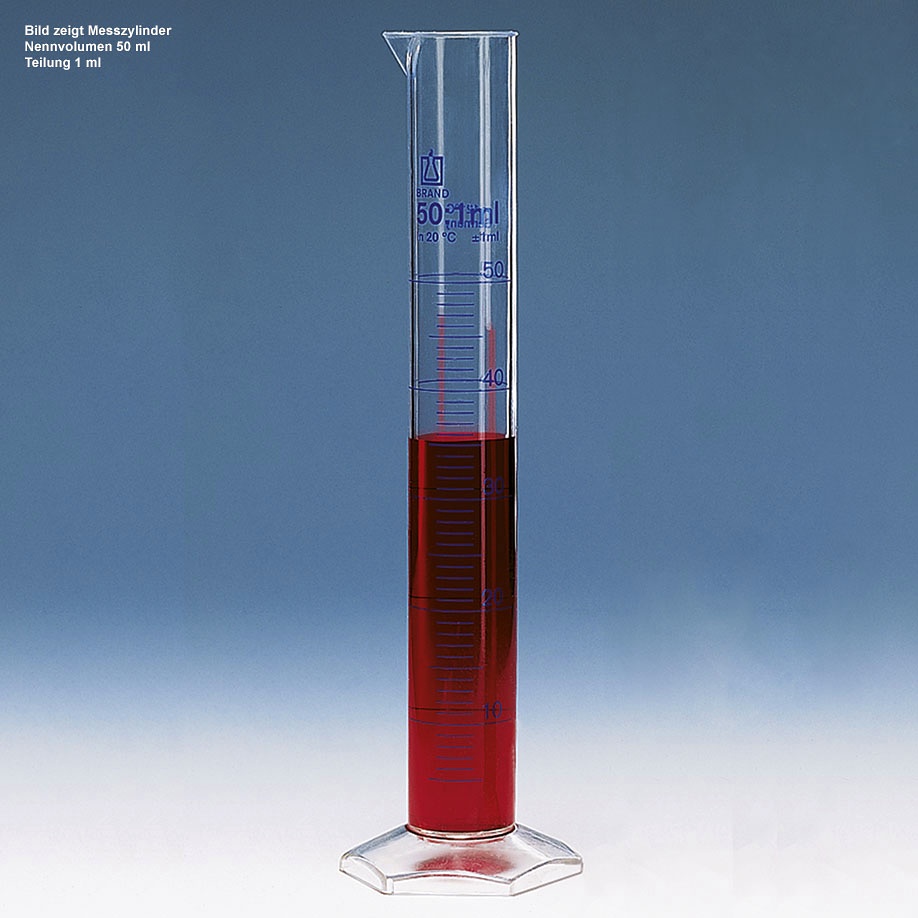 Messzylinder, hohe Form, Klass A, PMP 500 ml : 5 ml, blaue Graduierung