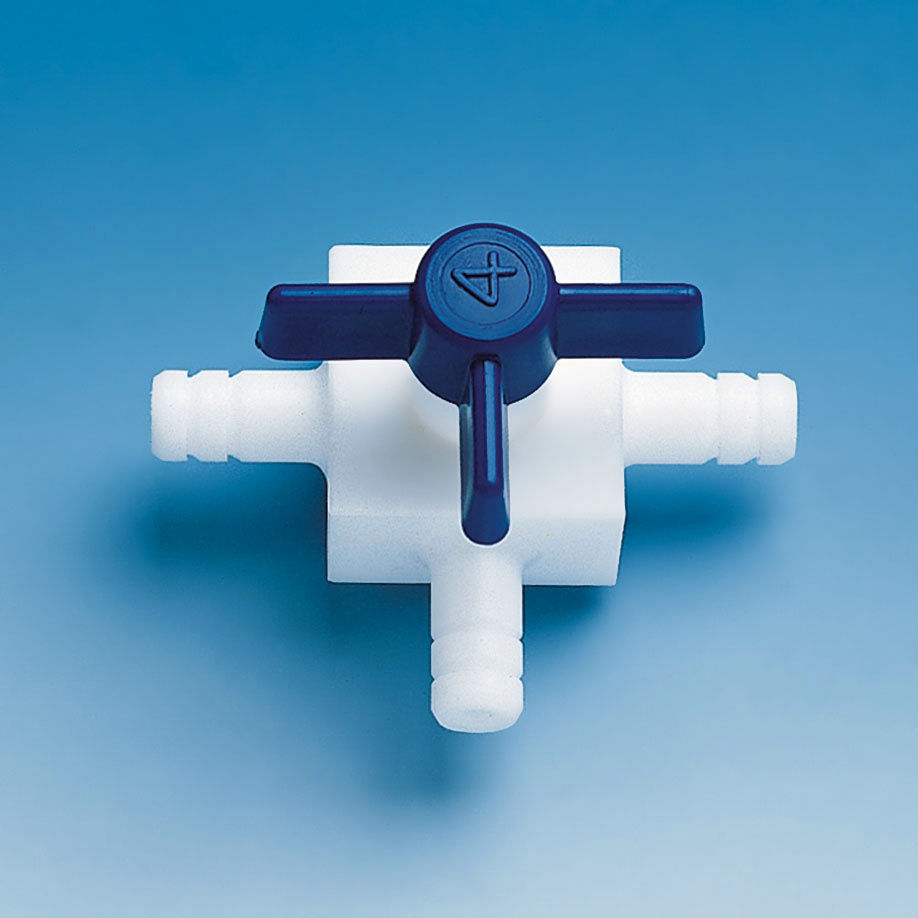 Dreiweg-Hahn mit Oliven, PTFE Für Schlauch-Innen-Ø 6 mm, Bohrung 3 mm