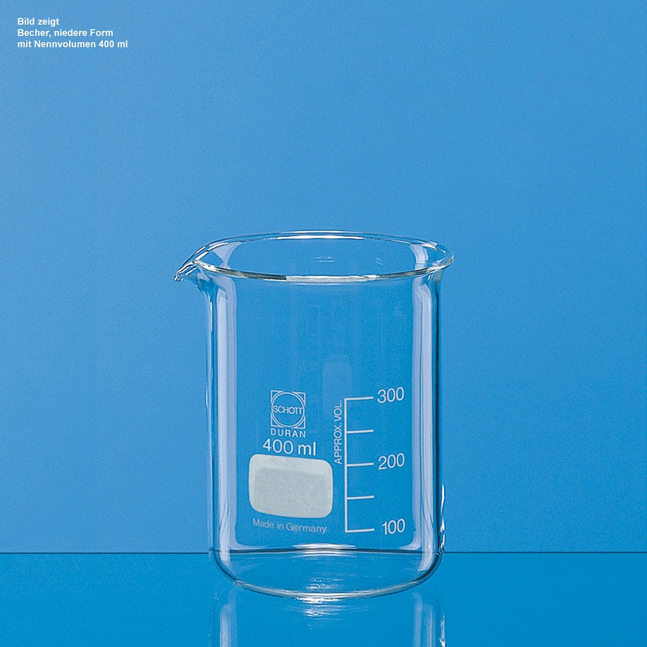 Becher, niedere Form, Boro 3.3 250 ml, mit Teilung und Ausguss