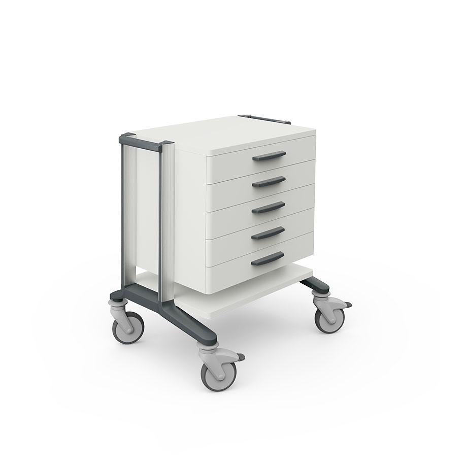 [HAE 2627.1] Doppio 60 Narkosewagen, weiß, mit 2 Ab Lageplatten, 5 Schubladen Griff grau