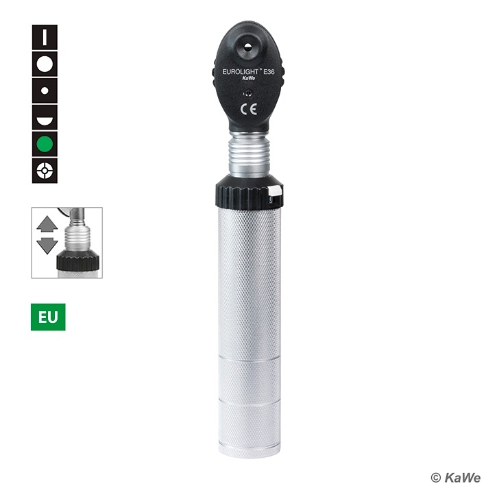 [KUW 01.21361.001] KaWe €OLIGHT E36 Ophthalmoskop 2,5 V XH,Griff C mit Clic-Verschluss 6 Blenden