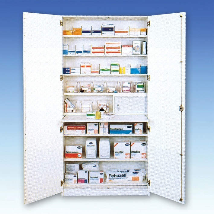 [LOC 23000000202] Aufbewahrungs- und Medikamentenschrank Mit 2 Türen, weiß, 205 x 100 x 50 cm