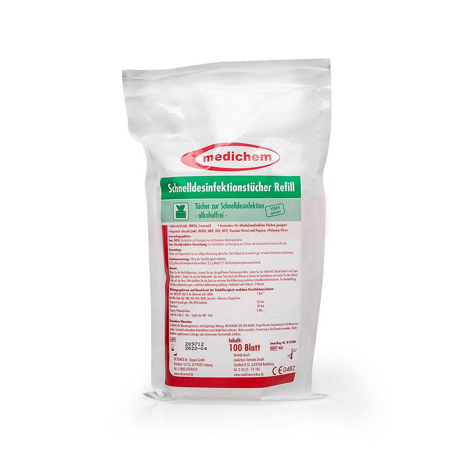 [MDC 931] Medichem Schnelldesinfektionstücher Alkoholfrei, Nachfüllpackung (100Tücher)