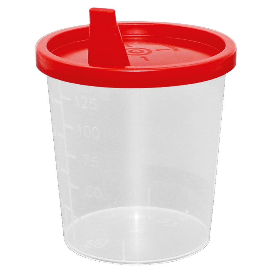 Urinbecher 125 ml mit Schnappdeckel Rot im Karton