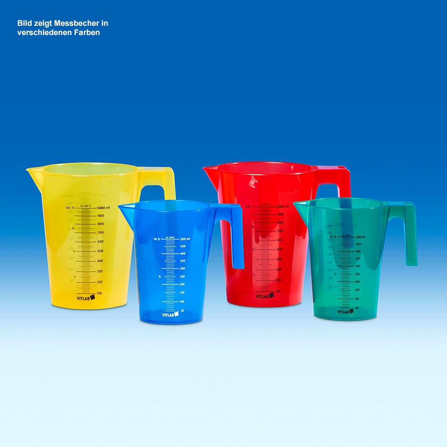 Messbecher stapelbar, rot, PP, 1000 ml Schwarze Skala, beidseitig bedruckt