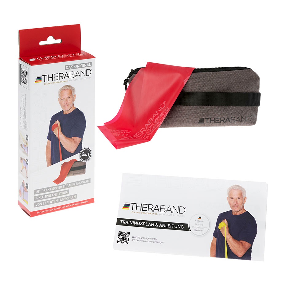 TheraBand 2,5 m, rot/mittel stark, inkl. Türanker-Tasche mit Übungsanleitung