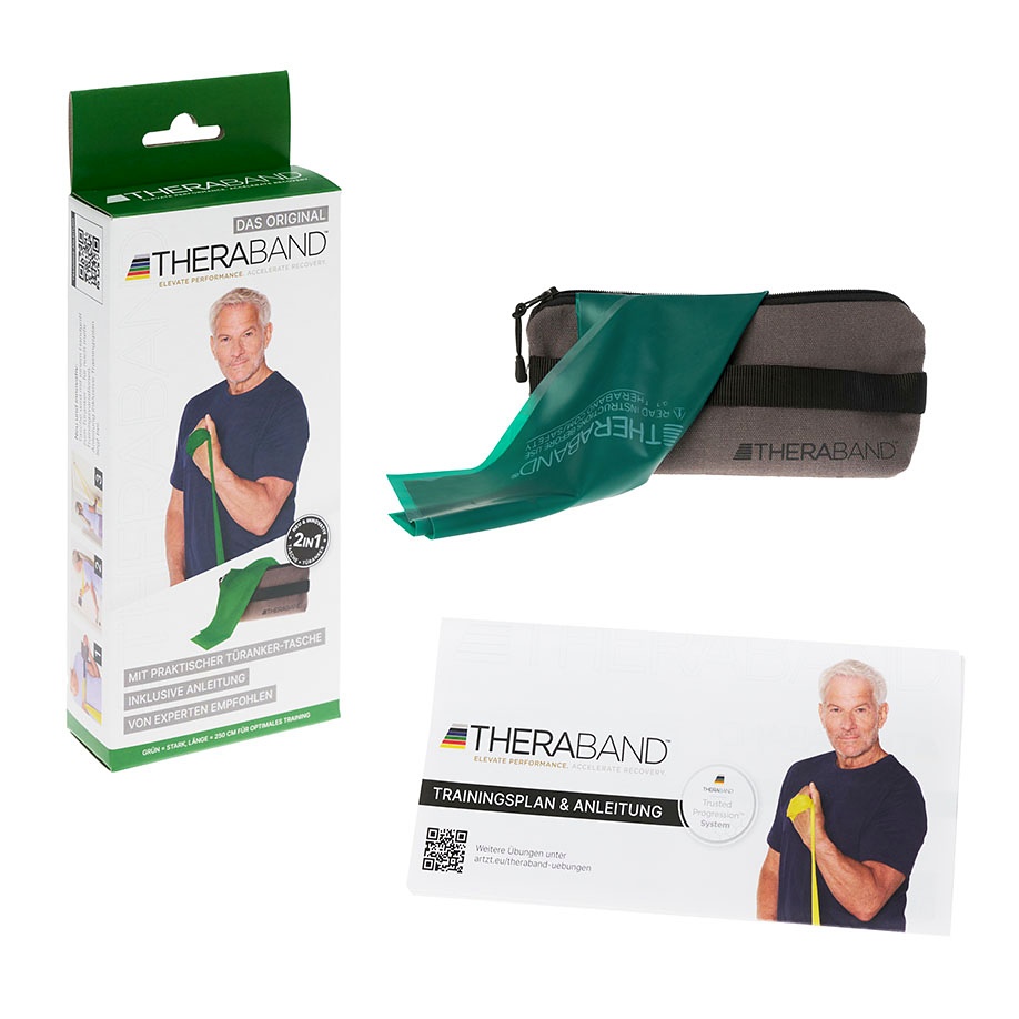 [THB 28928] TheraBand 2,5 m, grün/stark, inkl. Türanker-Tasche mit Übungsanleitung