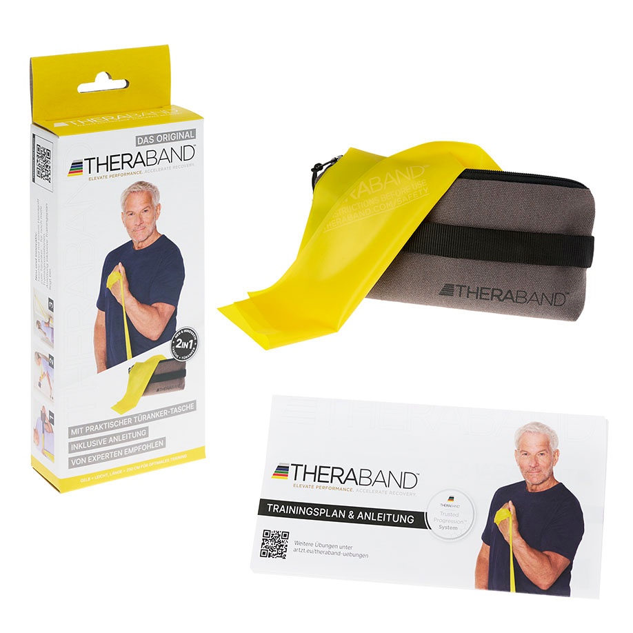 [THB 28921] TheraBand 2,5 m, gelb/leicht, inkl. Türanker-Tasche mit Übungsanleitung
