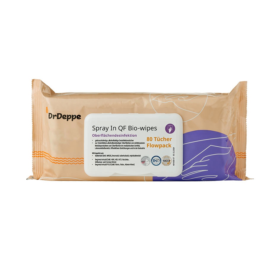 Spray In QF Bio-wipes (80 Tücher) Flow Pack, Flächendesinfektion, alkoholhaltig