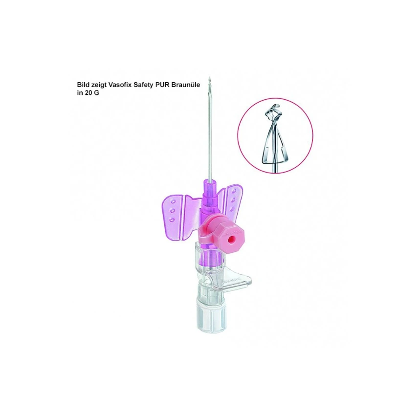 Vasofix Safety 20 G, 1,1 mm, rosa mit Weißem Ring, 25 mm Stichlänge, PUR