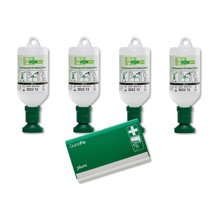 Plum Augenspüllösung 4 x 500ml (4604) u. 1 x QuickFix Pflasterspender leer (5500)