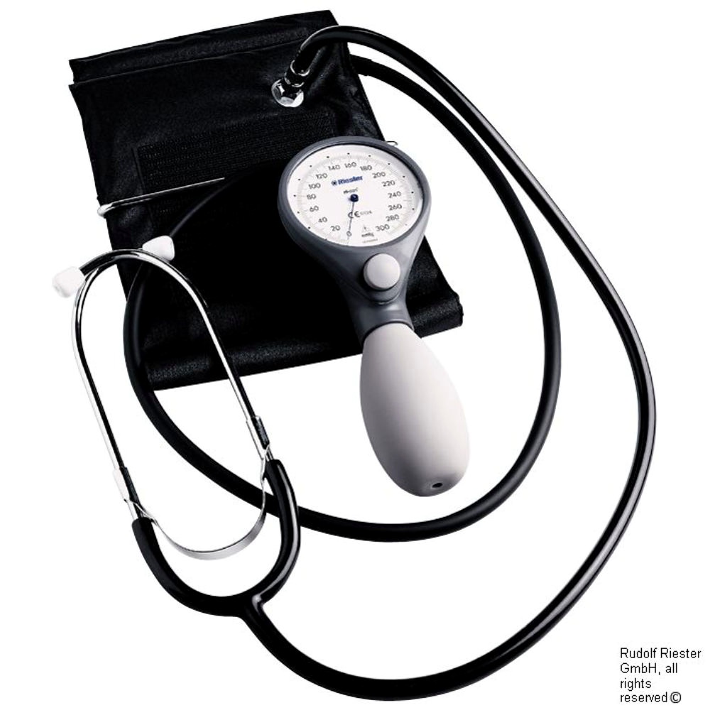 Ri-San Blutdruckmessgerät schiefergrau mit Stethoskop und Bügel-Klettenmanschette starke Arme