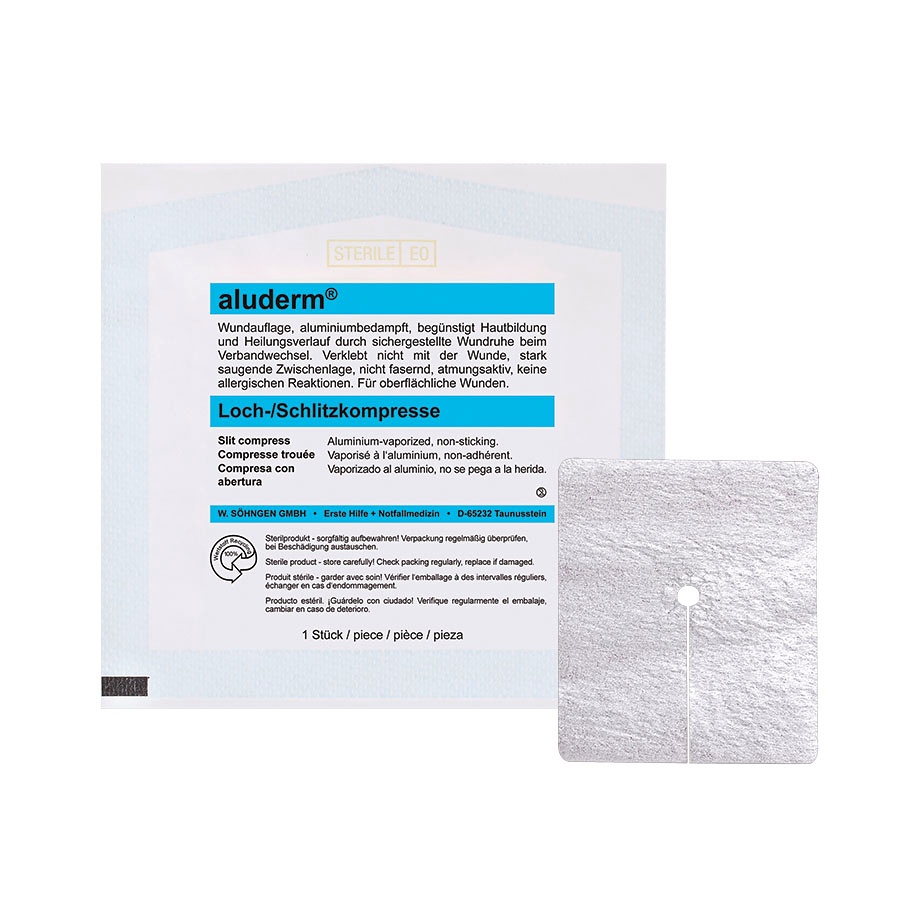 Aluderm Loch-/Schlitzkompresse steril CH 8 - 30, 6 x 7 cm
