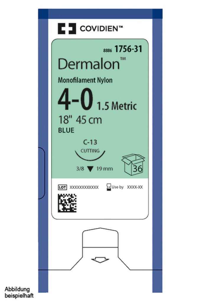 [TYC SDN5691G] Dermalon P-13 4/0=1,5 blau Nahtmaterial Fadenlänge 45 cm (12 Stck.)