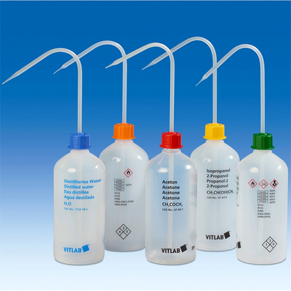 VITsafe Sicherheitsspritzflasche, PE-LD GL 25, Aufdruck: Dest. Wasser, 500 ml