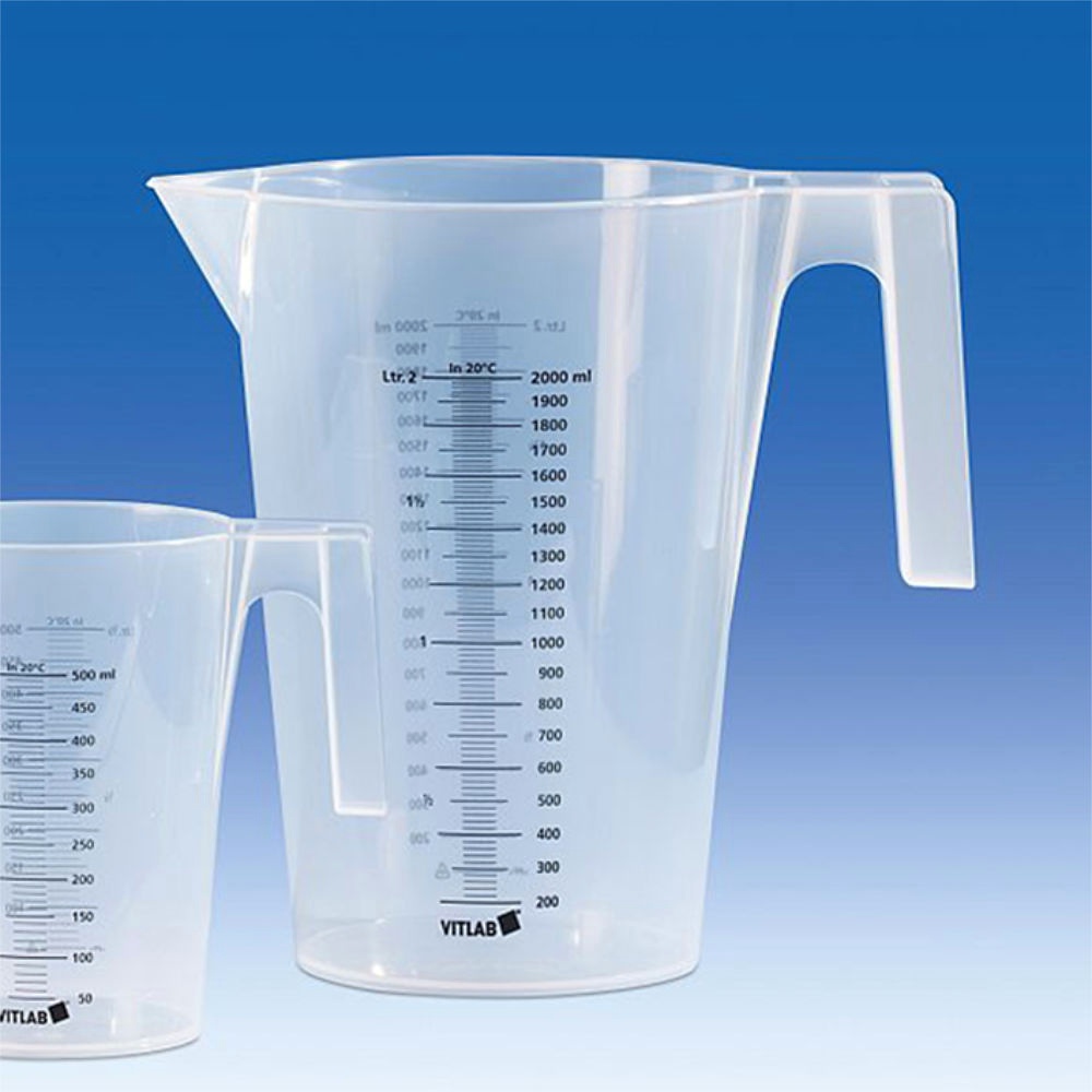 Messbecher stapelbar, PP, 2000 ml Schwarze Skala, beidseitig bedruckt